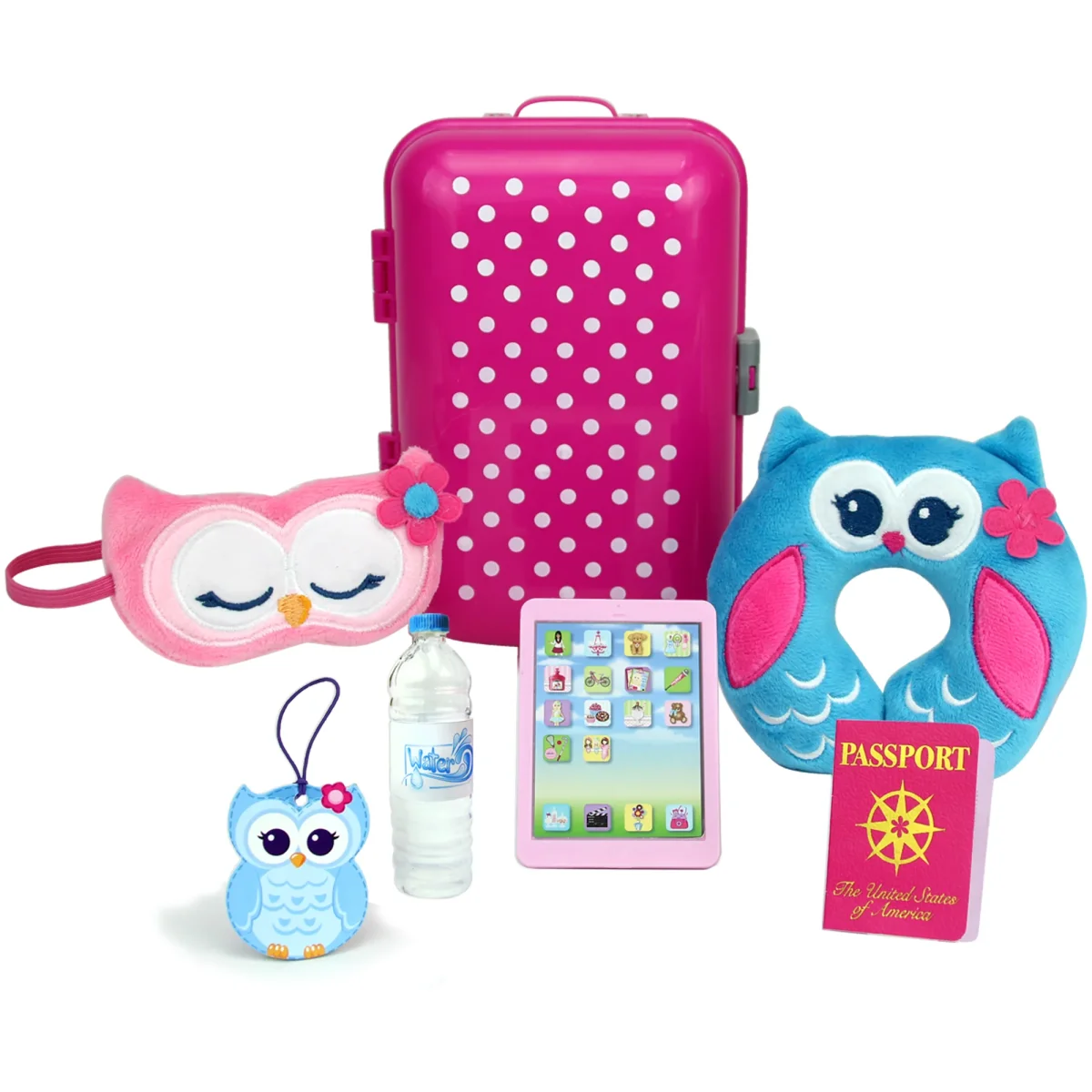 Sophia’s by Teamson Kids – Juego de 7 maletas de viaje para muñecas de 18 pulgadas con antifaz para dormir, almohada para el cuello, tableta, pasaporte, etiqueta de equipaje y botella de agua