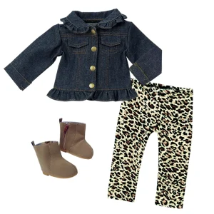 Sophia's by Teamson Kids Juego de ropa para muñecas de bebé de 3 piezas, chaqueta de mezclilla para muñecas de 18" y conjunto de calzas con botas para muñecas, ropa y accesorios para muñecas